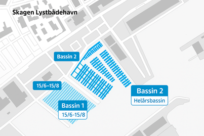 Oversigtskort over Skagen Lystbådehavn med markering af helårsbassin og sæsonbassin. Helårsbassinet ligger mod nord, og sæsonbassinets pladser kan bruges fra 15. juni til 15. august