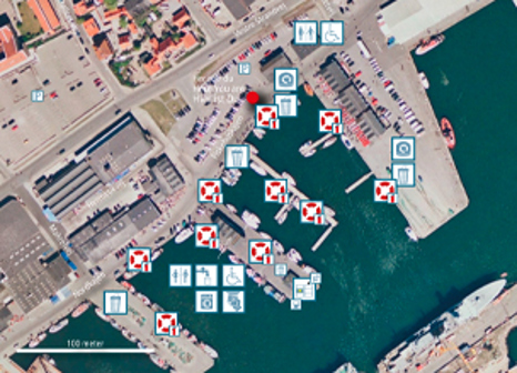 Signaturkort over forskellige faciliter f.eks redningsposter, toiletter, affald, mv.